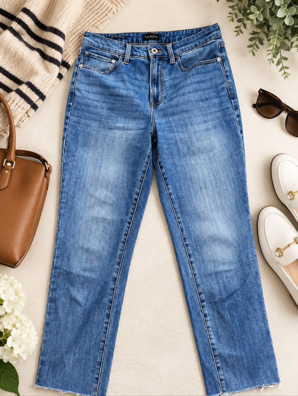 Talbots Modern Ankle Jeans Size 6 Medium Wash Raw Hem Straight Leg